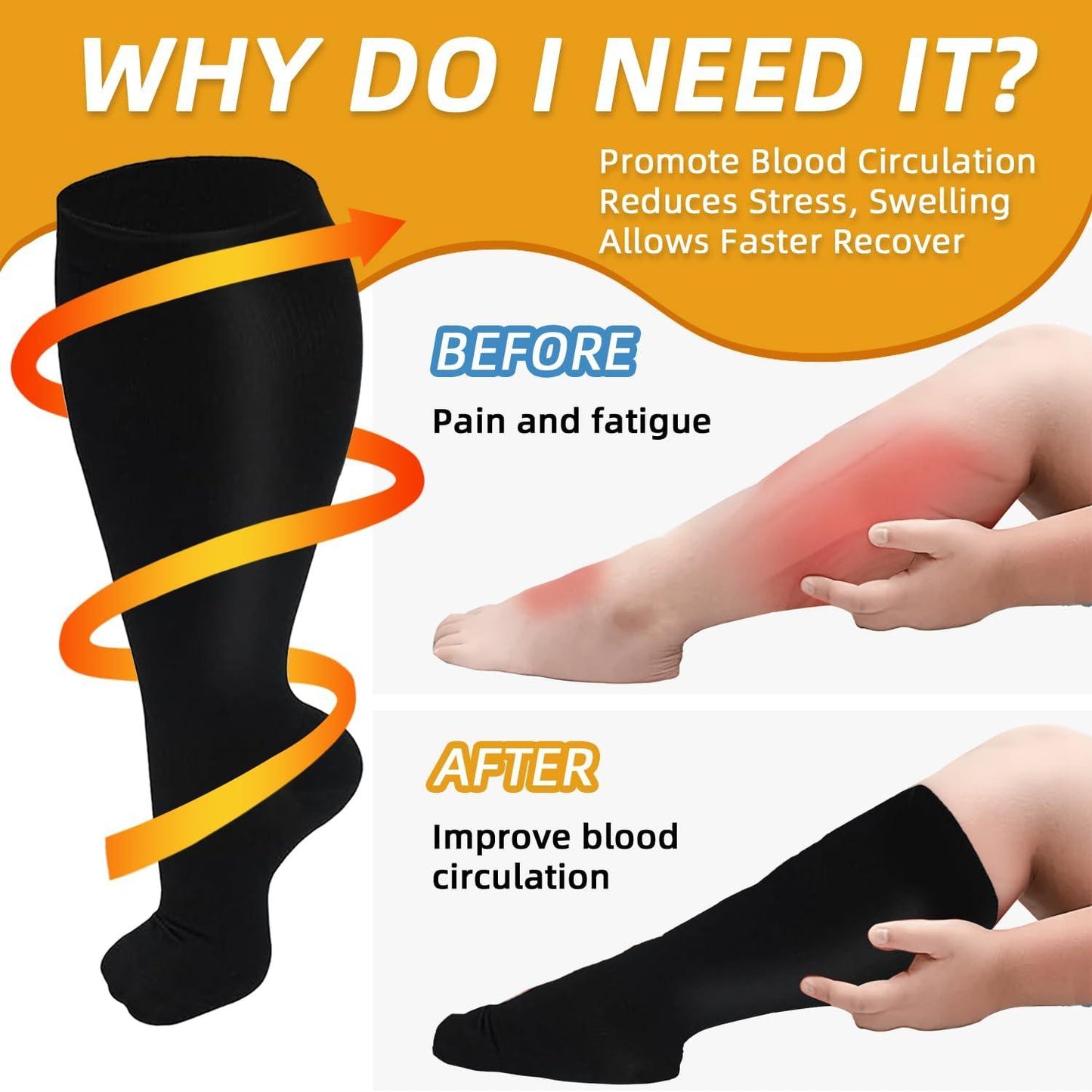 Plus Size Solid Color Compression Socks 2XL-7XL | 3 Pair Offer for Sports & Fitness
