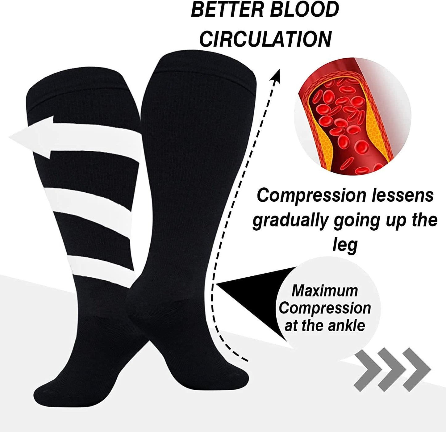Plus Size Solid Color Compression Socks 2XL-7XL | 3 Pair Offer for Sports & Fitness